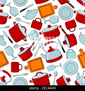 Seamless cooking utensils and dinnerware, silverware and glassware pattern background with red cooking pots and saucepans with lids, dinner plates, sp Stock Vector