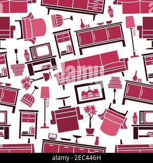 Seamless furnitures pattern background with dark pink retro couches and armchairs, wooden chests of drawers and tv table stands, floor and pendant lam Stock Vector
