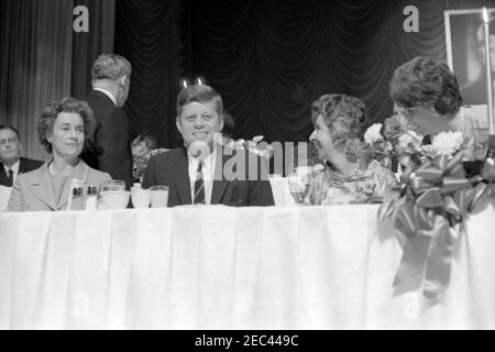 Trip to Western States: Los Angeles, California, Hollywood Palladium, President Kennedy attends Breakfast given by Womenu2019s Division, Democratic State Central Committee of California, 9:50AM. President John F. Kennedy attends a breakfast given by the Womenu2019s Division of the Democratic State Central Committee of California at the Hollywood Palladium in Los Angeles, California. Left to right (in foreground): former Treasurer of the United States and Democratic national committeewoman from California, Elizabeth Rudel Smith; Senator Clair Engle of California (in back, facing away); Presid Stock Photo