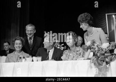 Trip to Western States: Los Angeles, California, Hollywood Palladium, President Kennedy attends Breakfast given by Womenu2019s Division, Democratic State Central Committee of California, 9:50AM. President John F. Kennedy attends a breakfast given by the Womenu2019s Division of the Democratic State Central Committee of California at the Hollywood Palladium in Los Angeles, California. Left to right: unidentified (in back); former Treasurer of the United States and Democratic national committeewoman from California, Elizabeth Rudel Smith; Senator Clair Engle (California); President Kennedy; Sen Stock Photo