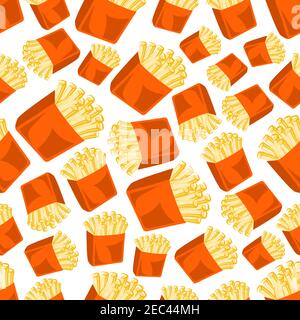 Tasty and crispy french fries pattern with seamless cartoon illustration of deep fried potato vegetable slices in takeaway orange paper cups on white Stock Vector