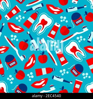 Oral hygiene seamless pattern for dentistry and healthcare design usage with healthy teeth and smiles, toothbrushes, toothpastes, dental floss and fre Stock Vector