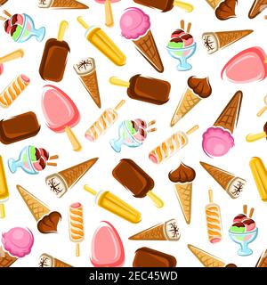 Chocolate and fruity ice cream pattern for cafe or kitchen interior design with seamless background of ice cream cones, popsicles and sundae ice cream Stock Vector