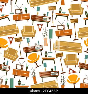 Retro living room furnishings and home appliances seamless background for interior design usage with flat pattern of brown and yellow sofas and armcha Stock Vector