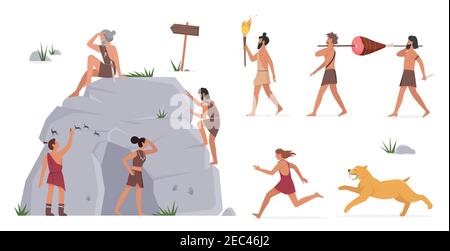 Primal tribe people vector illustration set. Cartoon primitive caveman character standing with cave and painting, tribesman warriors carry meat from hunt, running away from tiger isolated on white Stock Vector