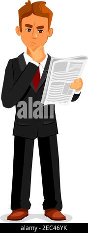 Cartoon thoughtful businessman is reading newspaper. Full length illustration of standing young man in a business suit is reading newspaper and touchi Stock Vector