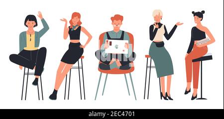 People sitting on chairs vector illustration set. Cartoon friend student and teacher characters sit on high bar stools and communicate, young man and woman talking and waving isolated on white Stock Vector