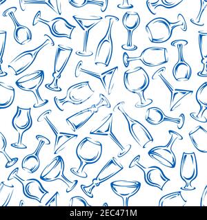Pattern of glassware with blue and white seamless background of brandy snifters and cocktail glasses, champagne flutes and water goblets, glasses for Stock Vector