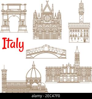 Renaissance architecture and ancient monuments of Italy icons in thin line style. Church of Santa Maria Maggiore and Siena Cathedral, Cathedral of Sai Stock Vector