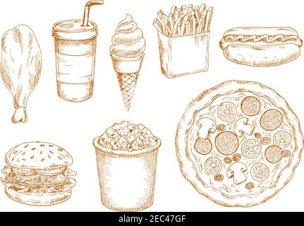 Fresh cooked hamburger and hot dog, pepperoni pizza with vegetables and chicken leg, french fries and popcorn, sweet soda drink and soft serve ice cre Stock Vector