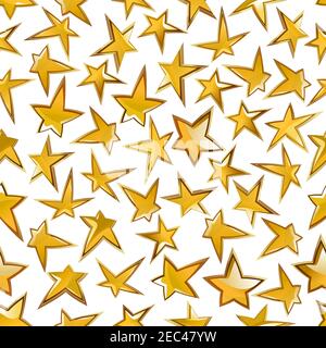 Luxury seamless golden stars pattern on white background with shining broad and asymmetrical thin facets. May be use as Christmas decoration, celebrat Stock Vector