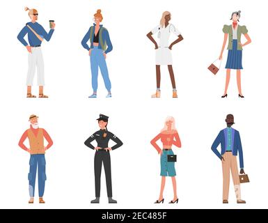 People standing vector illustration set. Cartoon happy elderly and young man woman character standing, hipster student villager doctor policeman businessman and businesswoman smiling isolated on white Stock Vector