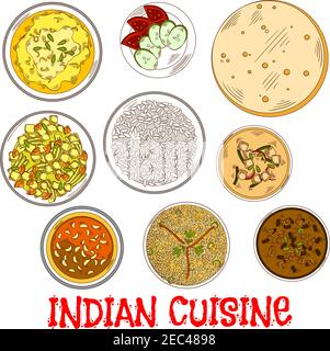 Traditional indian vegetarian thali sketch icon served with flatbread, fried and steamed rice, tomato chutney with garlic and various of curry with be Stock Vector