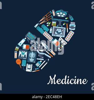 Silhouette of a pill composed of medical services and pharmaceutical flat icons such as stethoscope, medicine bottles and blood bags, pills and syring Stock Vector