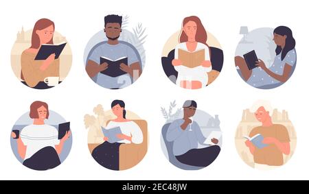 People read vector illustration set. Cartoon man woman characters sitting at table or in home armchairs, holding glass wine or coffee cup, reading books from library or bookstore isolated on white Stock Vector