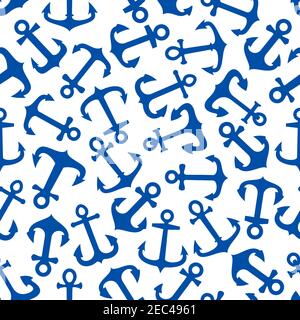 Blue marine ship anchors seamless pattern on white background. For nautical, marine and navy themes, interior or background design Stock Vector