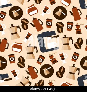 Seamless espresso machines with cups, stovetop espresso makers and coffee pots, vintage grinders and jugs with milk, paper cups of takeaway coffee and Stock Vector