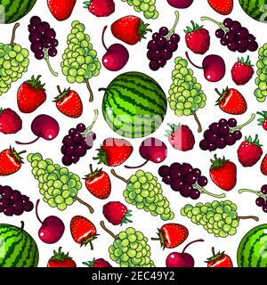 Juicy sweet green grapes and striped watermelons, red strawberries and raspberries, cherries and blackcurrants fruits seamless pattern on white backgr Stock Vector