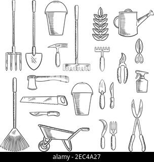 Watering can and plant with gardening hand tools sketches of rakes, shovel, axe and saw, spading fork, wheelbarrow and buckets, trowel, forks, knives Stock Vector