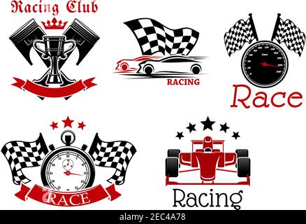 Sporting racing cars, speedometer and stopwatch with racing flags, champion trophy cup with crossed pistons on the background icons for racing club or Stock Vector