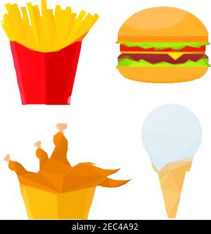 Low poly stylized geometric cheeseburger with fresh vegetables, deep fried chicken and french fries in paper cups, melted vanilla ice cream cone icons Stock Vector
