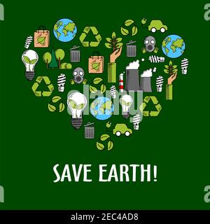 Heart shaped organic ecology icons. Invoking and calling to save it from pollution by using alternative and renewable, natural and ecological energy. Stock Vector