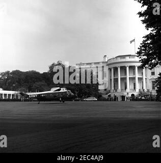 President Kennedy departs the White House for Atlantic City, New Jersey, 9:09AM. A United States Army helicopter carrying President John F. Kennedy takes off from the South Lawn of the White House, Washington, D.C.; the President traveled to Andrews Air Force Base en route to Atlantic City, New Jersey. Stock Photo
