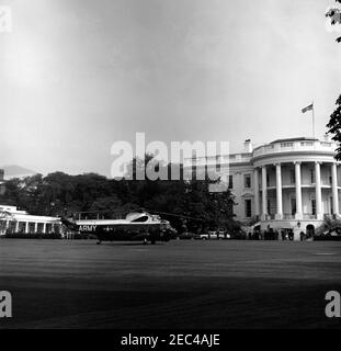 President Kennedy departs the White House for Atlantic City, New Jersey, 9:09AM. A United States Army helicopter sits on the South Lawn of the White House, Washington, D.C., waiting to take President John F. Kennedy to Andrews Air Force Base for his trip to Atlantic City, New Jersey. Stock Photo