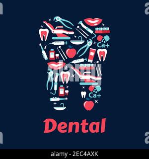 Dentistry flat icons in a shape of a tooth with dentist chairs and instruments, healthy teeth and braces, toothbrushes and toothpastes, mouthwashes an Stock Vector
