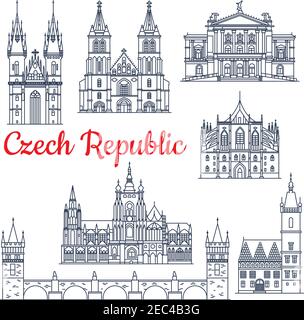 Czech republic thin line travel historical landmarks. Charles bridge on Vltava and Church of mother of God or our Lady before Tyn, metropolitan cathed Stock Vector