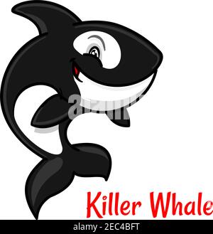 Black and white spotted killer whale cartoon character leaping out the water to breathe. Cute orca with happy smile for zoo mascot or t-shirt print de Stock Vector