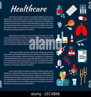 Health care poster or banner with text layout and flat icons of doctor and medicine bottles with pills and syringe, laboratory flasks and test tubes, Stock Vector