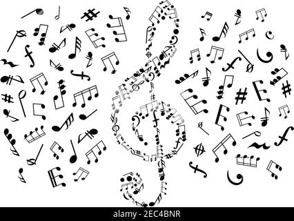 Treble clef icon composed of musical symbols and marks, surrounded by notes and key signatures, rests and chords, bass clefs and dymamics signs. May b Stock Vector