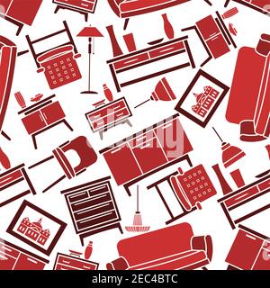 Seamless flat pattern background of furniture and interior accessories in shades of red color with sofas and armchairs, chests of drawers with vases, Stock Vector