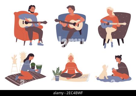 People enjoy time at home vector illustration set. Cartoon musician young characters playing guitar, man and woman playing with pet dog, enjoying meditation in yoga lotus position isolated on white Stock Vector