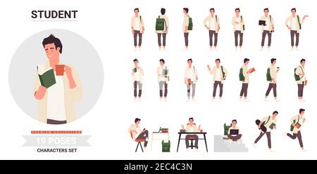 Student young man poses infographic vector illustration set. Cartoon student guy holding coffee cup, posing with book to study, walking with backpack or running with skateboard isolated on white Stock Vector