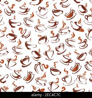 Steaming hot cups of fragrant coffee or tea with vapor isolated on white seamless pattern. Can be used in cafe or restaurant, kitchen theme. Stock Vector