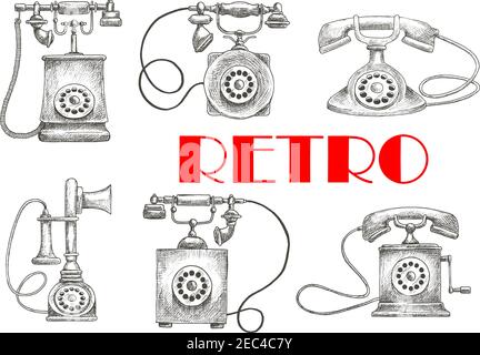 Old fashioned rotary dial telephones vintage engraving sketch illustration with decorative handsets. Contact us button or communication theme design u Stock Vector