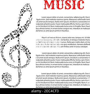 Music and sound infographic template with treble clef that is made of different musical notes in science or helmholtz notation on left side. Stock Vector