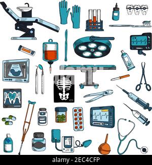 Medical instruments and equipments for surgery, dentistry and general medicine colored sketches with operation table and dentist chair with tools and Stock Vector