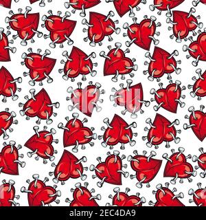 Pinned or nailed cartoon red heart seamless pattern isolated on white. Concept of relationships break or divorce, broken love or passion, heartbreak o Stock Vector