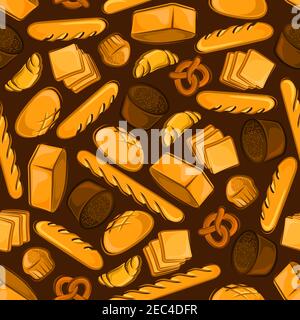 Wholesome fresh bakery products from the brick oven cartoon pattern with seamless illustration of wheat and rye bread loaves, french baguettes and cro Stock Vector