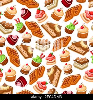 Confectionery and pastry, bakery seamless pattern. Cakes with cream and belgian waffles, cookies and biscuits with strawberry and cherry, Cafe and bak Stock Vector