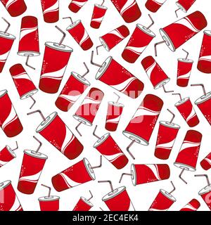 Seamless pattern of soda drinks over white background for fast food cafe theme design with red paper cups with striped drinking straws, decorated by w Stock Vector