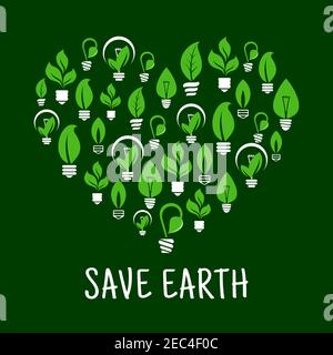Lightbulbs like leafs in screw in shape of heart. Idea of saving nature and ecological environment, care about energy consumption. Stock Vector