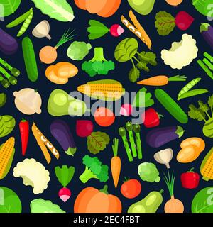 Organic  and vegetarian vegetables seamless pattern isolated on white with healthy cabbage and mature onion, mature peas and tasty carrot, raw corn an Stock Vector