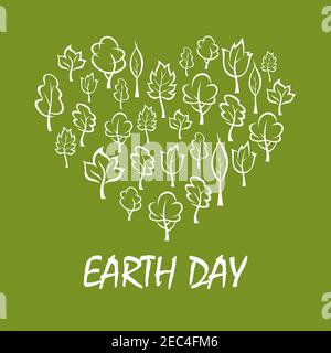 Green trees and plants arranged into a shape of heart symbol with caption Earth Day below. Concept illustration for save earth and eco friendly theme Stock Vector