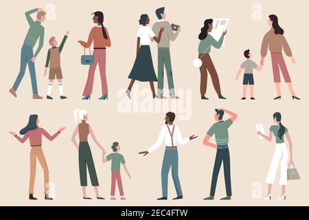Tourist people on sightseeing tour vector illustration set. Cartoon happy couple and family traveling characters watching map, group of traveler visitors with camera photographing and looking sights Stock Vector