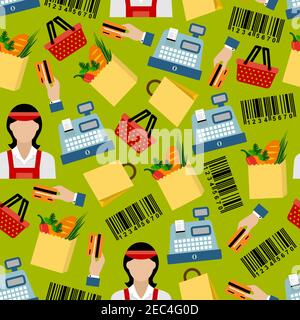 Grocery shopping colorful seamless pattern with cashier sellers and cash registers, shopping baskets and paper bags with fresh vegetables and bread, b Stock Vector