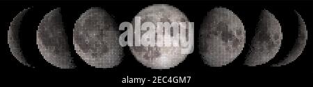 Halftone vector tiles phases of the Moon waxing crescent, first quarter, waxing gibbous, full moon, waning gibbous, third guarter, waning crescent, ne Stock Vector